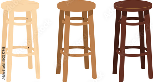 Vector illustration of three wooden bar stools with round seats and circular support bars, shown in light, medium, and dark wood finishes for furniture design concepts.