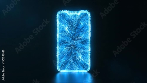 Digital smartphone outline with blue particle effect. Modern communication and technology concept, smart device display of data.