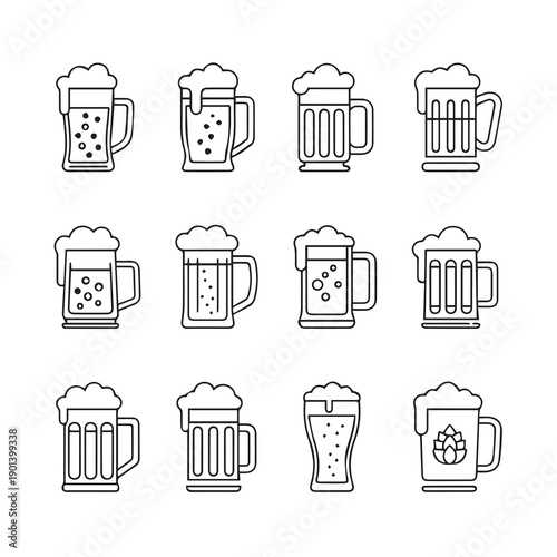 Beer Mug Icons Collection: Various Styles with Foam and Bubbles