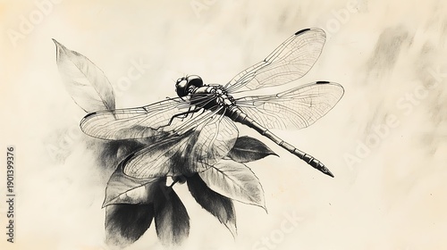 Detailed illustration of a dragonfly perched on foliage.