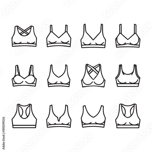 Collection of Sport Bra Icons Showing Different Styles and Designs