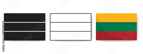 Set of Lithuania flag designs featuring silhouette, thin line art, and official yellow, green, and red colors. Versatile vector elements for Baltic travel and culture. 