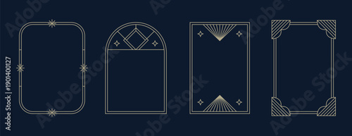 Celestial Art Deco Frames Set with Mystical Sun and Star Elements, Golden Geometric Borders with Esoteric Symbols and Astrological Design, Mystic Tarot Card Frame Collection,Elegant Celestial Line Art