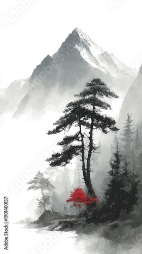 Elegant Mountain Silhouette, serene grey ink representation, minimalist brush strokes, ample negative space, refined oriental style, capturing tranquility and simplicity.