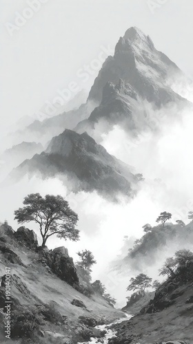 Elegant Mountain Silhouette, serene grey ink rendering with minimalist brush strokes, featuring ample negative space in a refined oriental style.