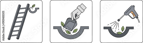 Gutter cleaning steps: ladder access, manual removal, and pressure washing