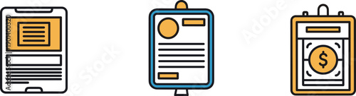 Three icons representing digital documents, reports, and financial statements on white background