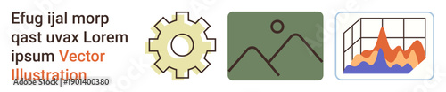 Business, analytics, data visualization, design, technology, and productivity. A gear, a mountain scene icon and a fluctuating data chart. Business and analytics concept
