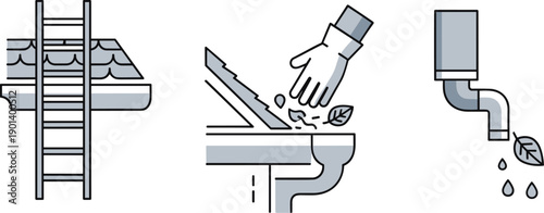 Gutter cleaning process icons: ladder, manual debris removal, and downspout drainage