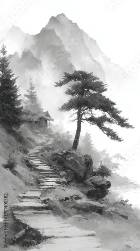 Oriental Zen landscape, traditional Chinese ink wash art featuring misty mountains, a winding path, solitary pine tree, serene white background