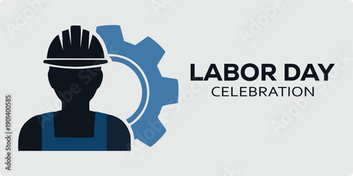 Modern Labor Day banner featuring worker silhouette with gear industrial background. Ideal for labor appreciation campaigns, workforce promotions, and construction business marketing.