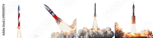 Photos Space Rocket Launch and Spacecraft Liftoff Set Isolated on Transparent Backgroun