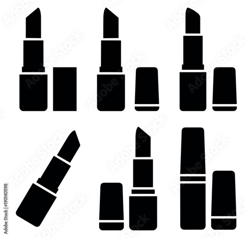 Lipstick set vector illustration, cosmetic makeup lipstick tubes icon collection, outline style beauty products on transparent background