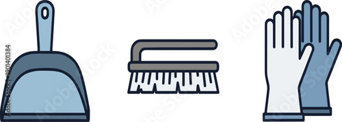 Cleaning tools including a dustpan, brush, and gloves for household chores