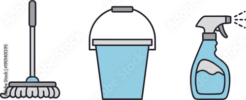 Cleaning supplies including a mop, bucket, and spray bottle with liquid