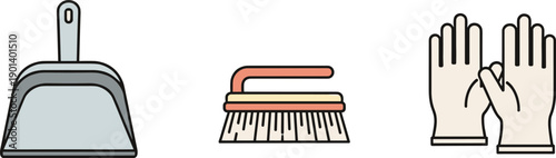 Set of cleaning tools: dustpan, brush, and gloves, isolated on white background