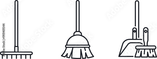 Collection of cleaning tools: broom, dustpan, and brush, and rake icons