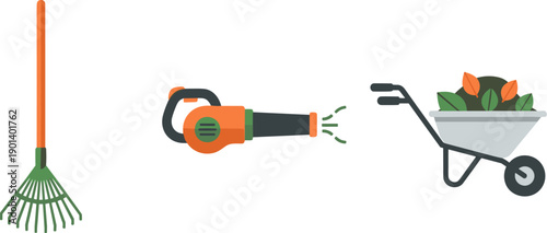 Gardening tools including a rake, leaf blower, and wheelbarrow filled with leaves