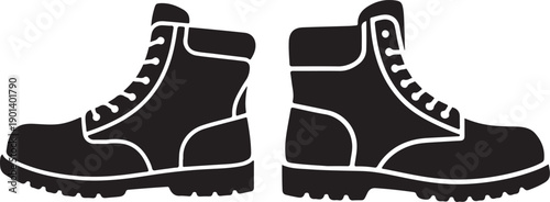 Black boots with white outlines side view pair of shoes with laces and rugged soles for outdoor activities