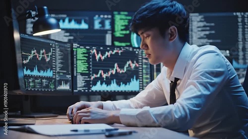 Young man stressed at computer with stock market data on screens.