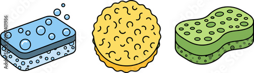 Collection of three colorful cleaning sponges with different shapes and textures