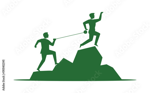 Two men in green silhouette helping each other climb a mountain to reach the top