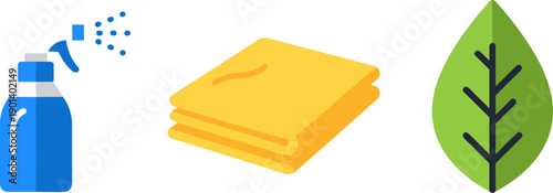 Eco-friendly cleaning supplies: spray bottle, cloth, and leaf icon