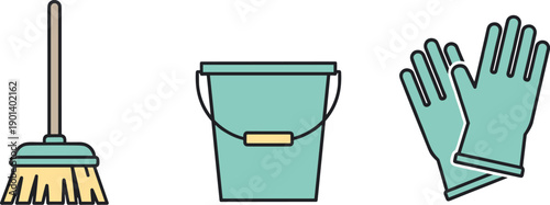 Cleaning supplies: broom, bucket, and gloves illustration on a white background