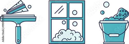 Window cleaning tools and supplies icon set for home maintenance and hygiene