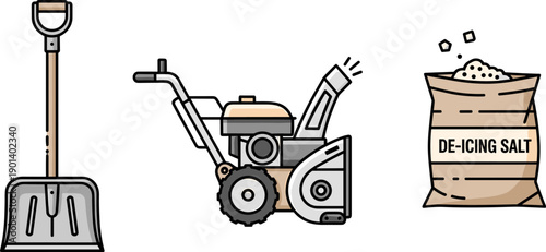 Snow removal tools and de-icing salt bag illustration for winter maintenance
