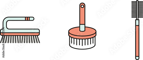 Set of three cleaning brushes with handles in a flat design style
