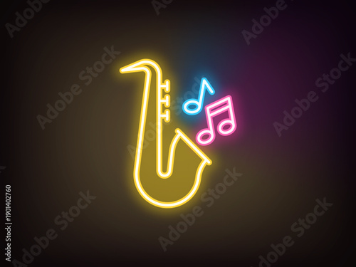 Outline neon jazz music, yellow pink blue. Neon saxophone with musical notes. Jazz retro party, live classical music, musical festival and jazz show, golden sax melody play, music concert. Vector