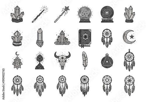 Mystical and symbolic icons representing diverse spiritual and cultural motifs Vector
