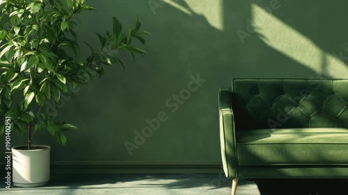 Green couch with potted plant