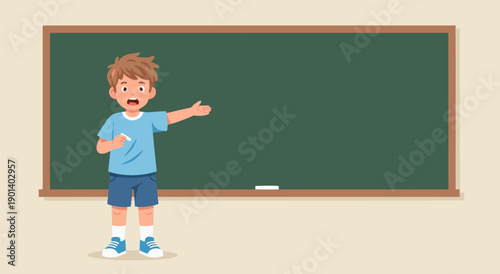 Excited young boy standing in front of a blank blackboard, vector illustration for educational content