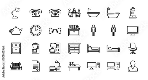 Assorted icons representing various household and office items and activities Vector