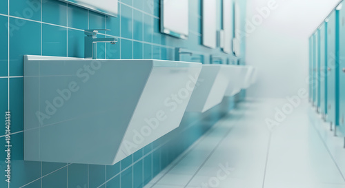 洗面台が並ぶトイレの風景、清潔感のある空間