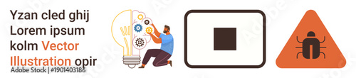 Business strategy, digital security, problem-solving, innovation, technology, caution. Man developing ideas near a lightbulb, a square icon and bug warning symbol. Innovation and caution