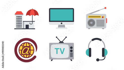 Collection of icons representing various forms of modern media and communication devices Vector