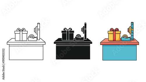 Gift wrapping station with present, tape dispenser, and scissors tabletop for celebration and holiday packaging