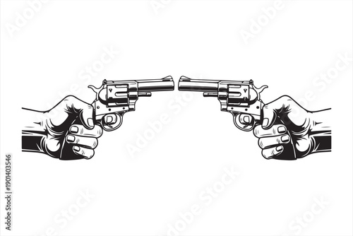 Two hands each holding a revolver pistols facing each other in a standoff