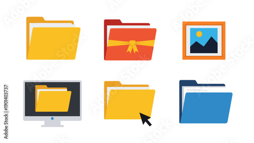 Various folders and files icons on a computer screen and desktop environment Vector