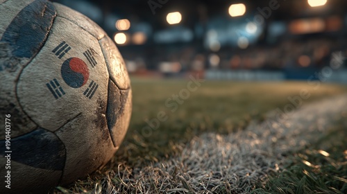 Close up of dirty soccer ball with South Korea flag Taegukgi texture on grass field at night stadium. Korean national football team, Asian cup or World Cup game concept
