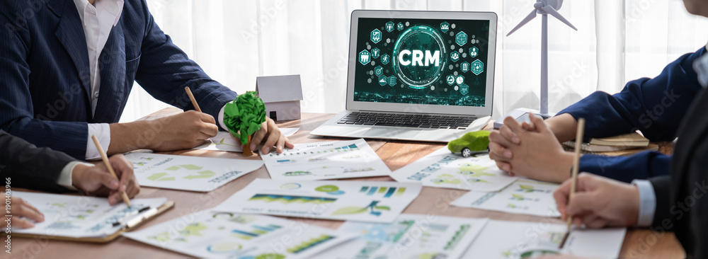 Naklejka premium Customer relationship management system on brisk computer for CRM business and enterprise