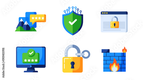 Illustrations depicting various aspects of digital security and software reliability Vector