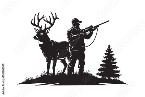 A hunter aims his rifle at a large buck deer in a wooded landscape