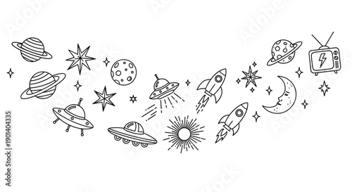 Whimsical collection of celestial and space-themed doodles and icons Vector