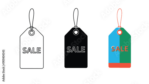 Set of three sale price tags icons in different styles outline, solid black and colorful flat design, for retail and commerce promotions