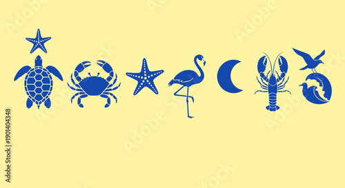 A collection of zodiac and celestial symbols with marine and mythical creatures Vector
