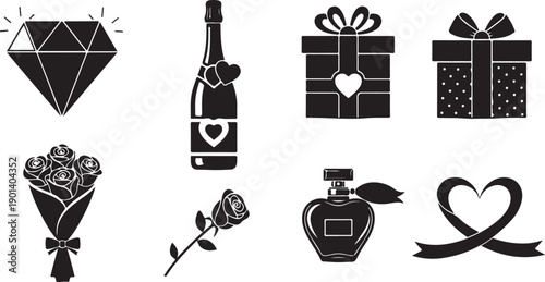 Black and white illustration of various romantic and celebratory items